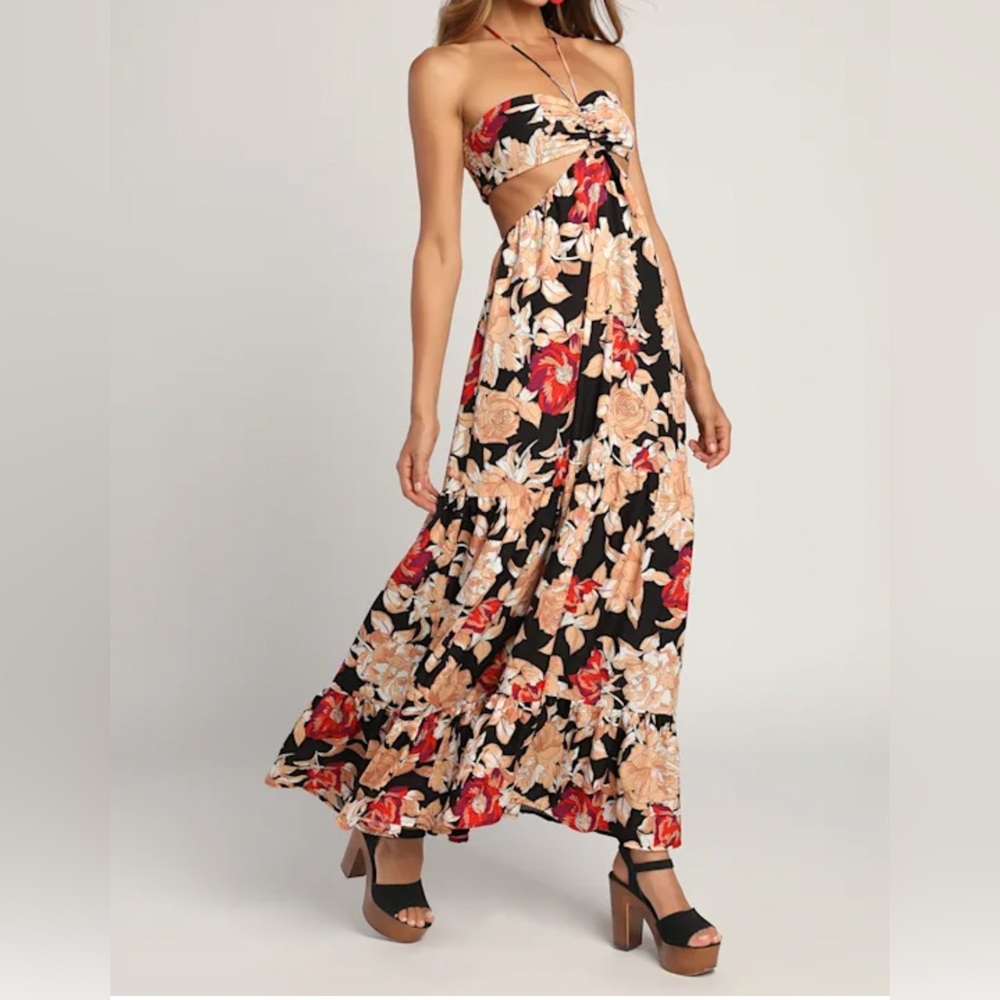 Lulus Midsummer Moment Black Floral Print Cutout Halter Maxi Dress
